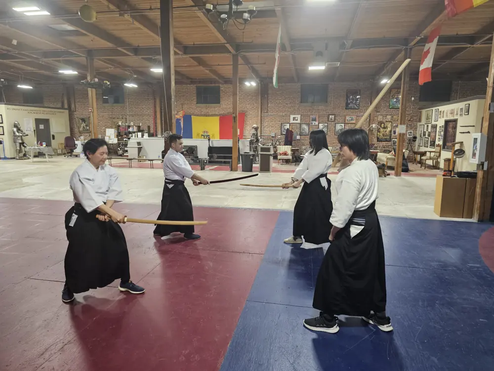 Students practicing paired forms indoors on the mats